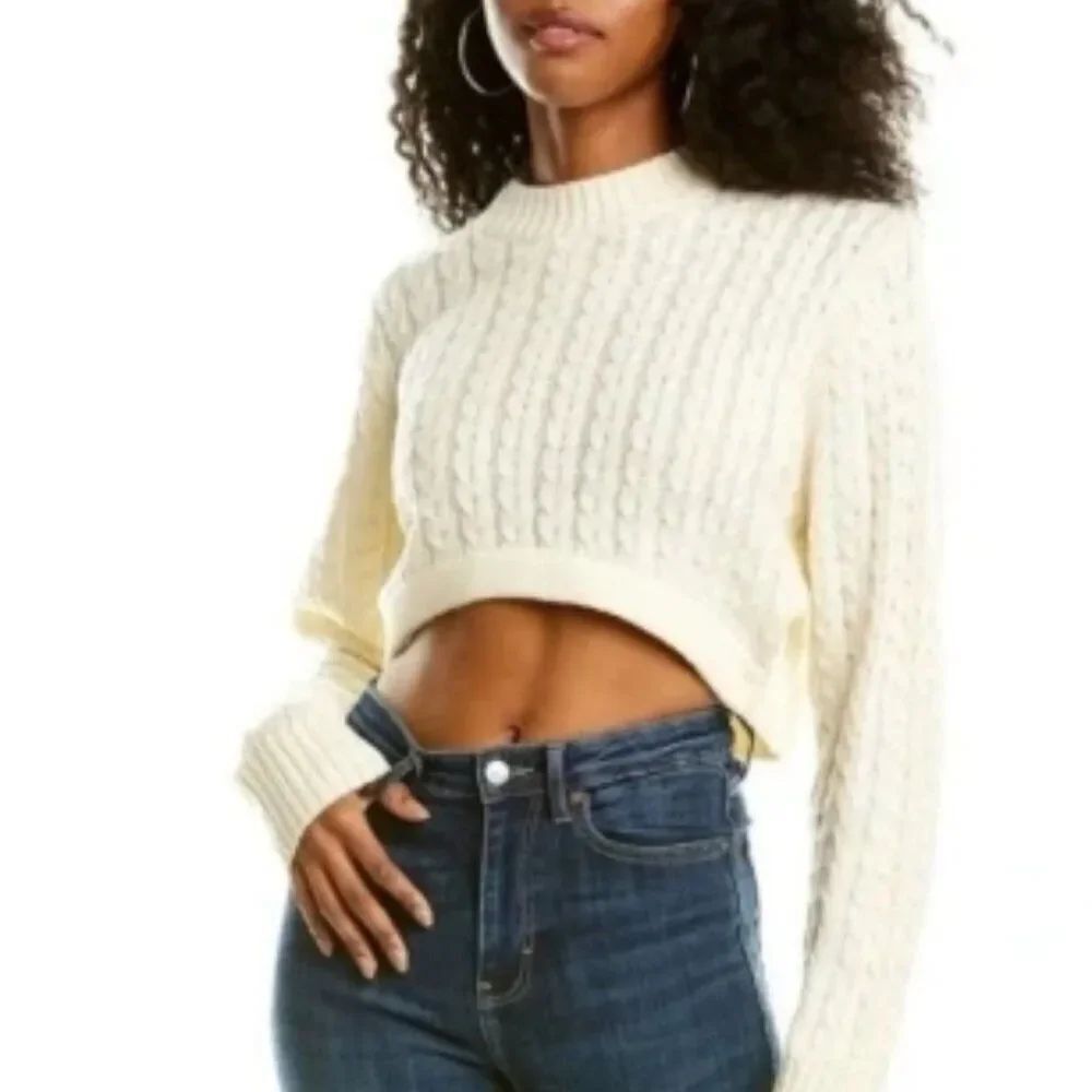 WeWoreWhat | Danielle Bernstein Cropped Mock Neck Cable Sweater in Ivory in XS
